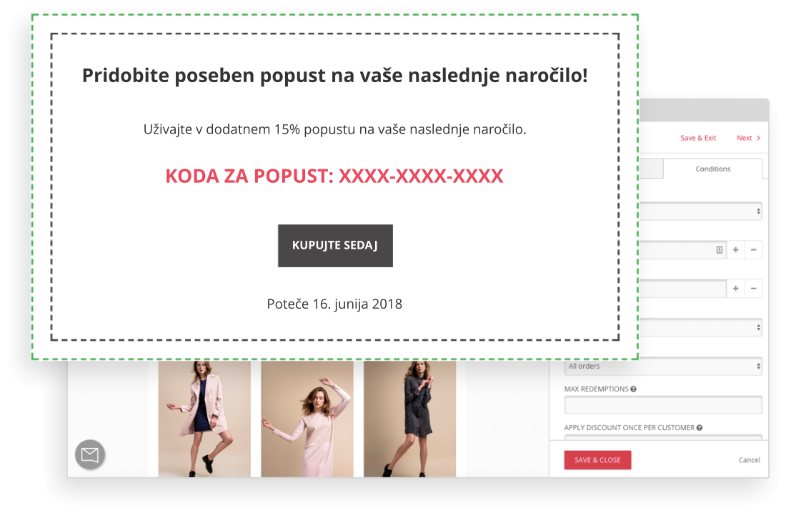 Kupon s kodo za popuste Marketing avtomatizacija za spletne trgovine
